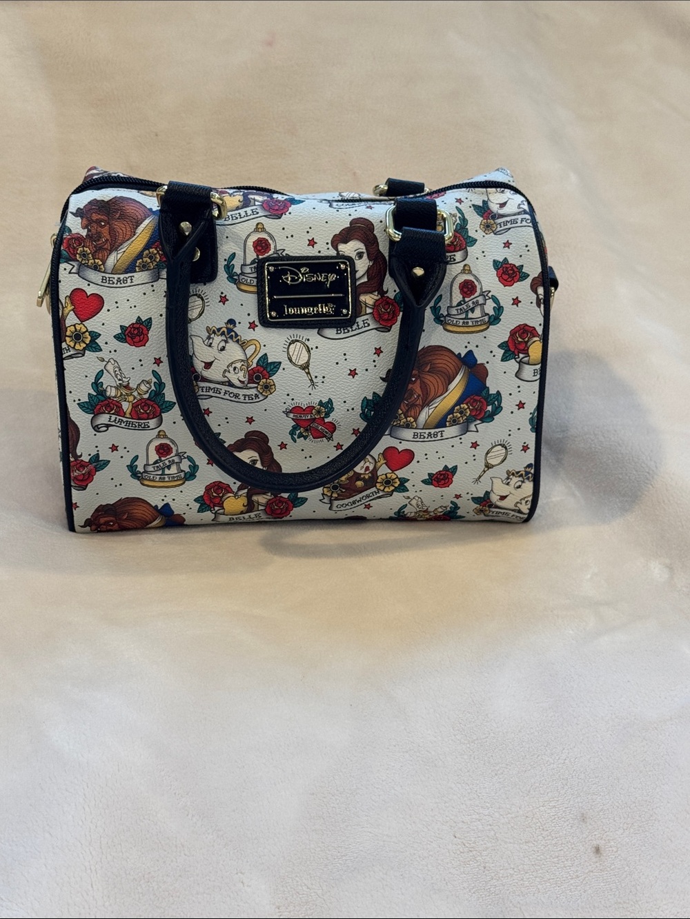 Loungefly Pale Blue Beauty and the Beast Character Print Satchel with Black Trim